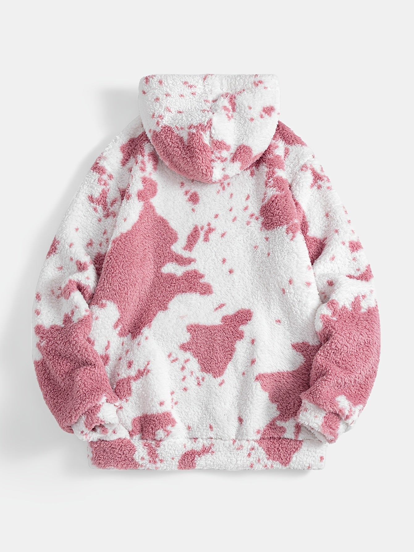 Unisex Teddy Fleece Hoodie mit Kapuze und Kuhfleckenmuster