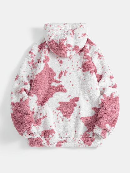 Unisex Teddy Fleece Hoodie mit Kapuze und Kuhfleckenmuster