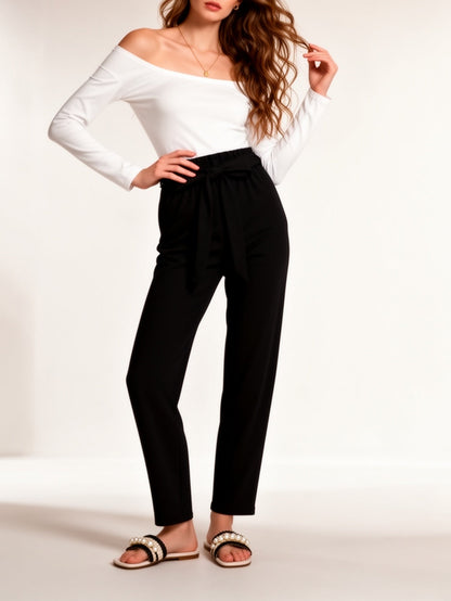 Blouse élégante femme à épaules dénudées & pantalon en tissu taille haute – Parfait pour le bureau et le quotidien