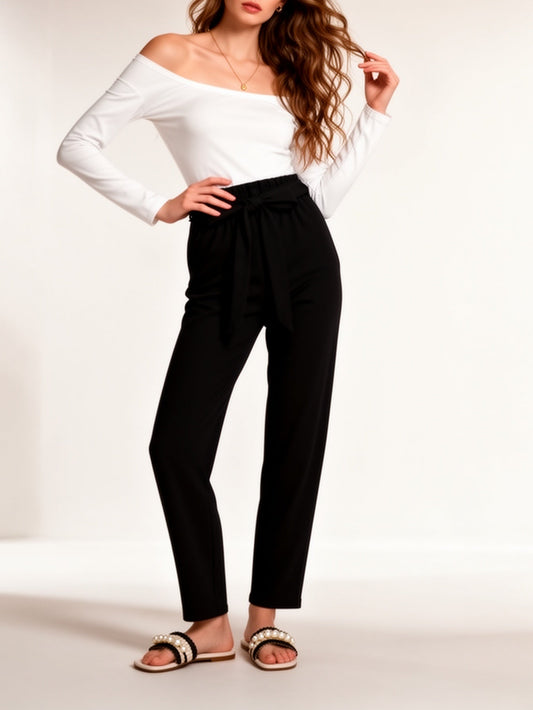 Dame Elegant Off-Shoulder Bluse & Høytliv Stoffbukse – Perfekt for kontor og hverdag