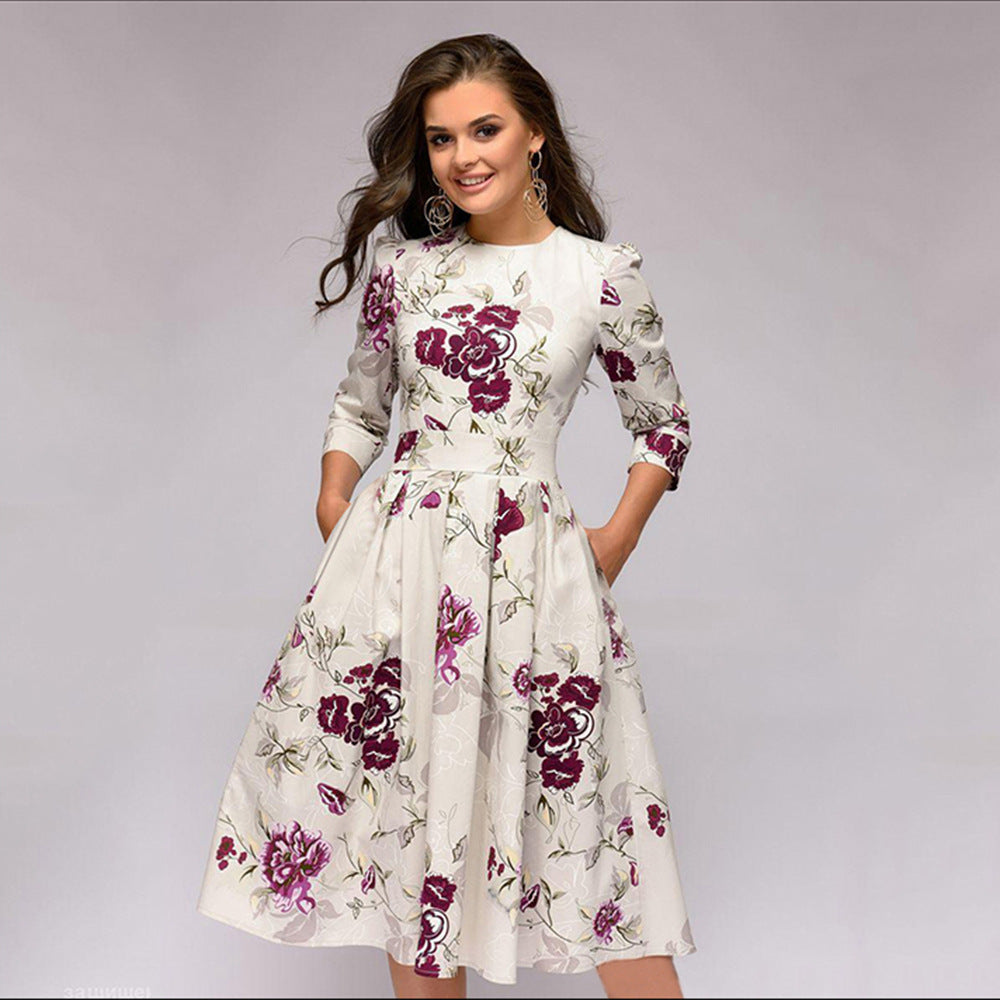 Dames elegante A-lijn jurk met bloemenpatroon en 3/4 mouwen voor feestelijke gelegenheden en dagelijks gebruik