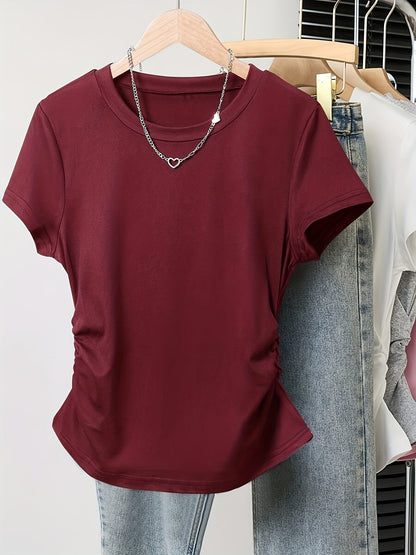 Damen Basic T-Shirt mit Rundhalsausschnitt und Raffung – Alltag & Freizeit