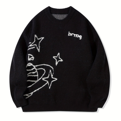 Unisex-striktrøje med stjerner og planetmotiv, rund hals
