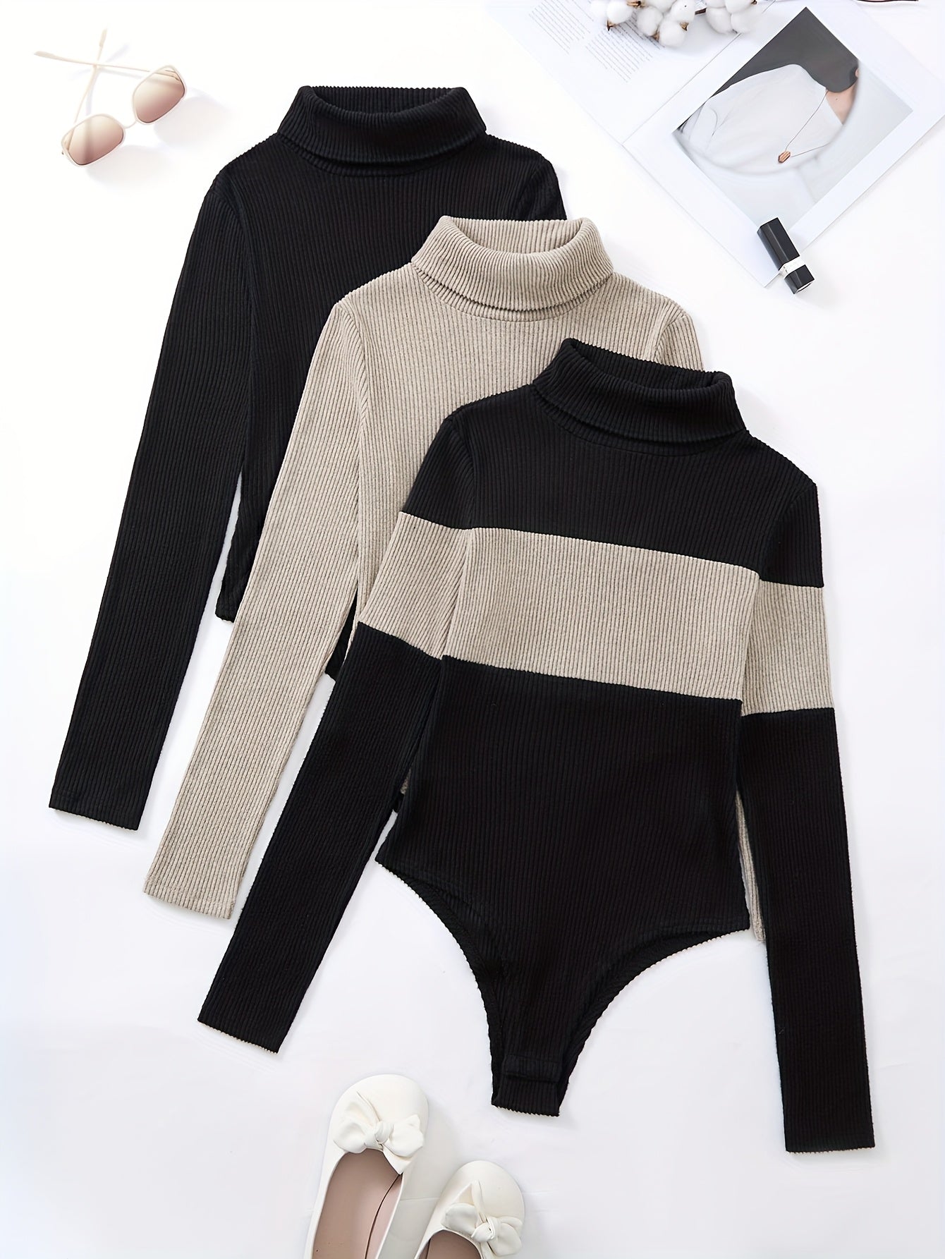 Damen Rollkragen Body Gerippt Langarm