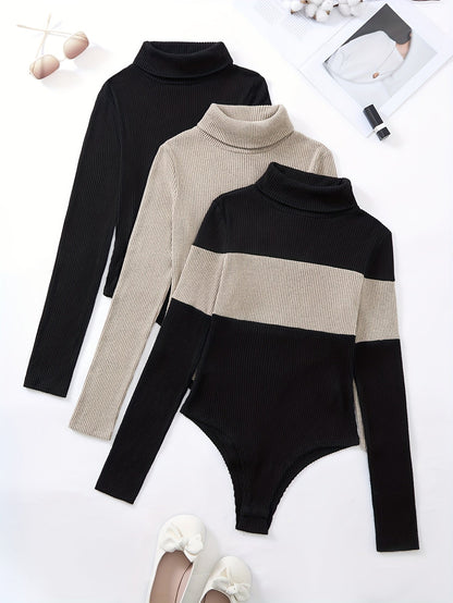 Damen Rollkragen Body Gerippt Langarm