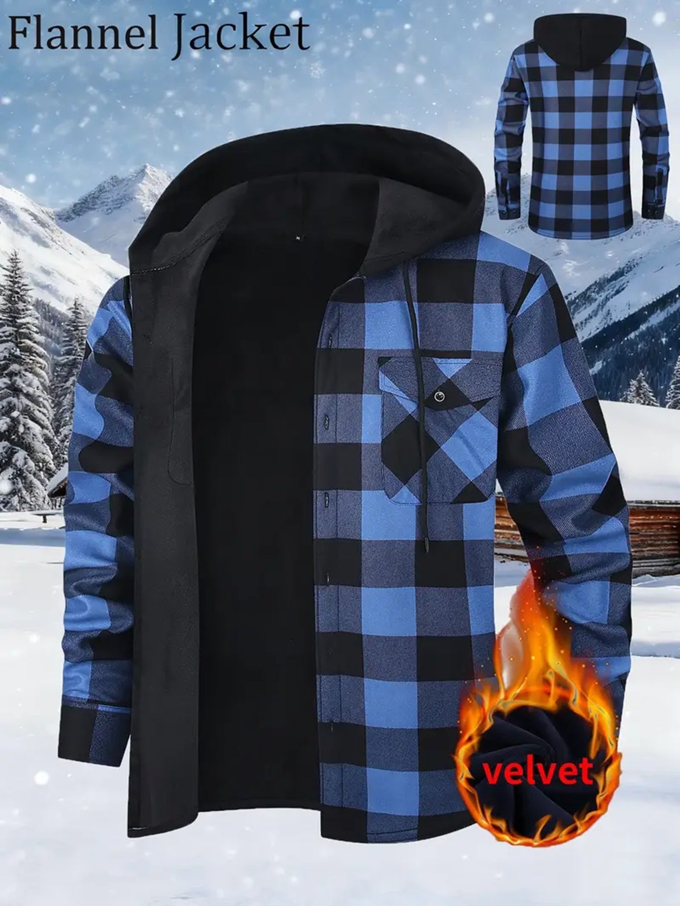 Giacca-camicia da uomo a quadri con cappuccio, imbottita e calda