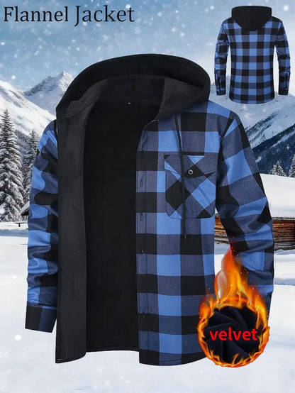 Giacca-camicia da uomo a quadri con cappuccio, imbottita e calda