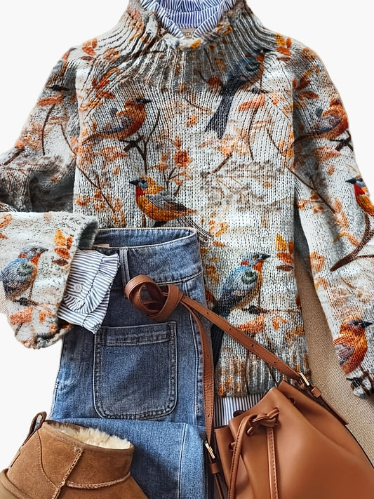 Damtröja med fågeltryck och hög krage – Elegant höst/vinter look