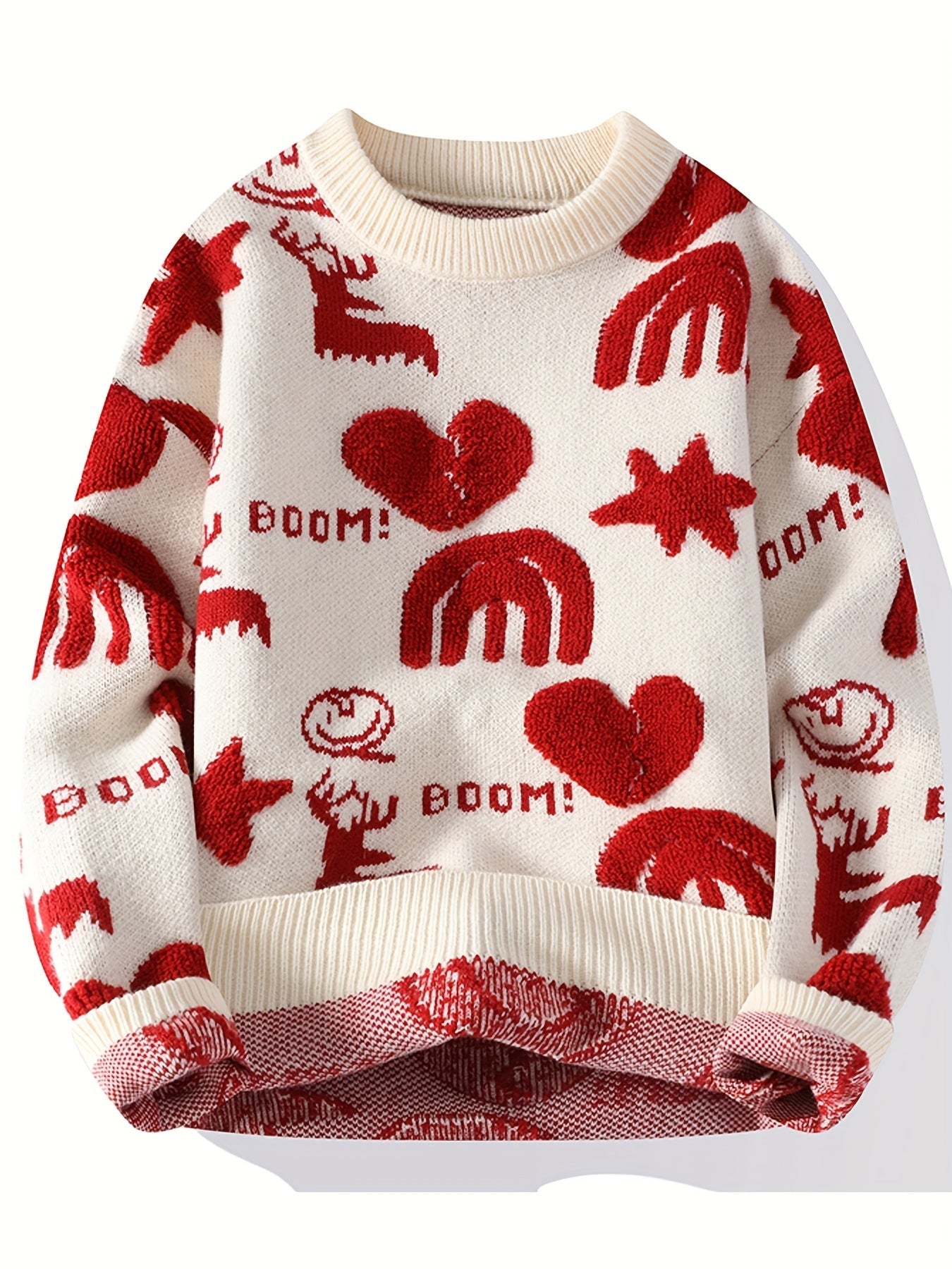Unisex Strickpullover Rundhals mit Muster (Hirsch, Herz, Regenbogen)