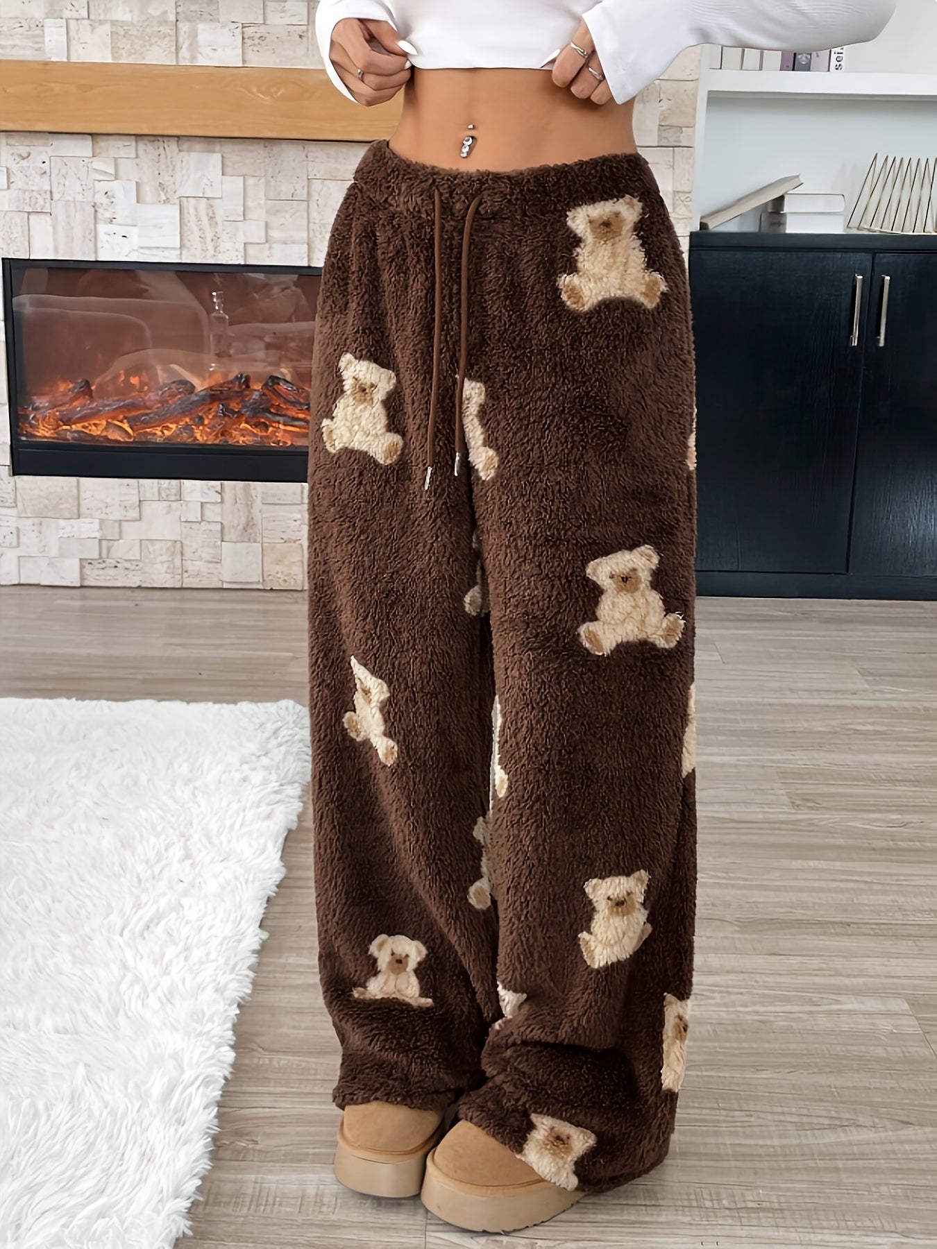 Damen Plüschhose mit Teddybär-Muster, Braun, Weites Bein, Elastischer Bund