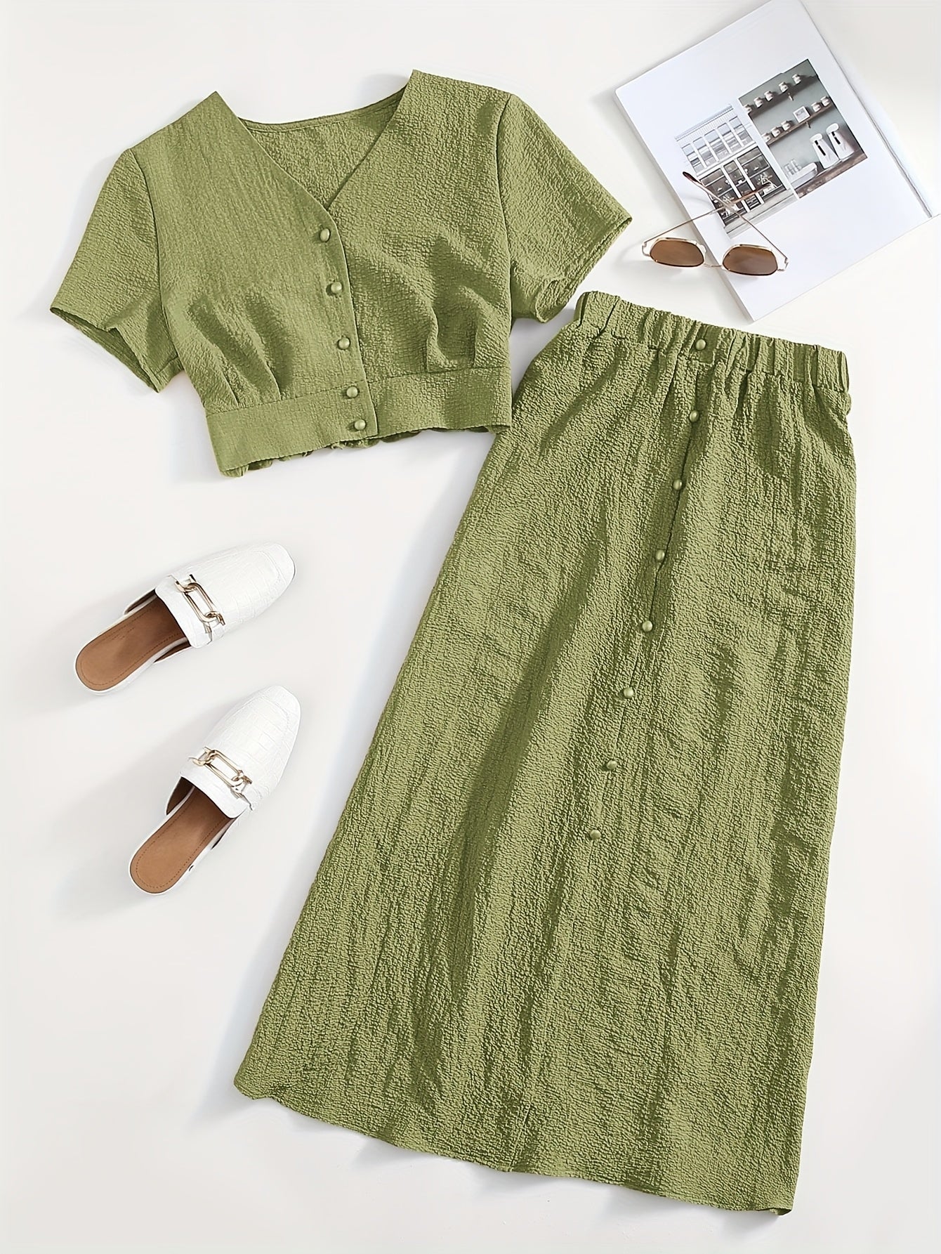 Dame To-delt Sæt – Elegant Fritidsoutfit med Croptop og Midi Nederdel, Moderne & Alsidigt
