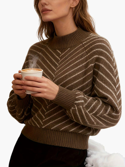 Dames Gebreide Trui Elegante Winterstijl met Strepenpatroon en Opstaande Kraag