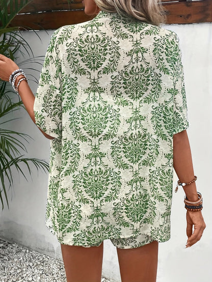 Damski letni komplet dwuczęściowy – elegancki kimono i szorty z kwiatowym wzorem, na co dzień i na wakacje
