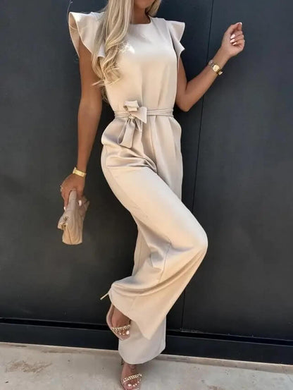 Dam jumpsuit Elegant business casual med volangärmar och knytbälte – Perfekt för kontor & speciella tillfällen