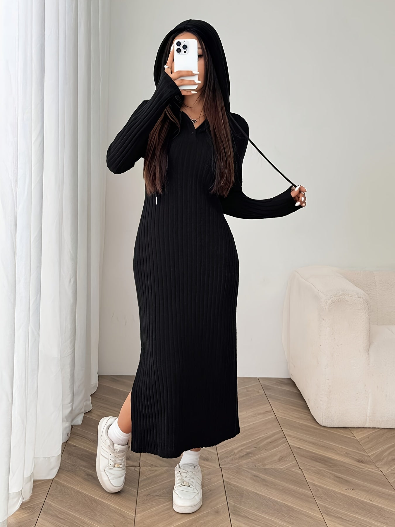 Damen Geripptes Kapuzenkleid Langarm Schwarz