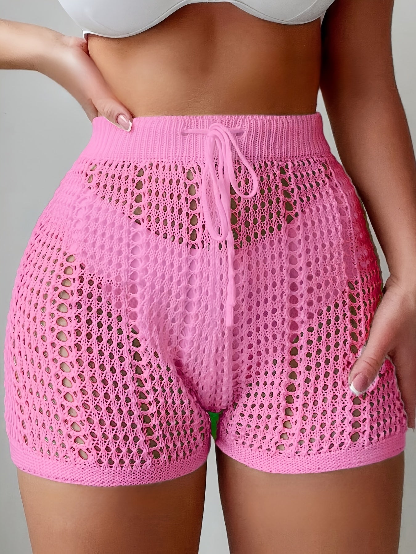 Shorts de crochet para mujer con estilo playero, cintura alta y cinturilla ajustable – Moda en malla para vacaciones, playa y piscina