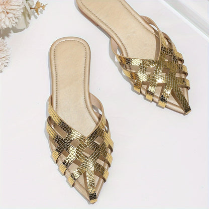 Damen Flat Mules mit spitzer Zehenpartie und geflochtenem Caged-Design – Elegante Slip-On Schuhe für Alltag und Abend
