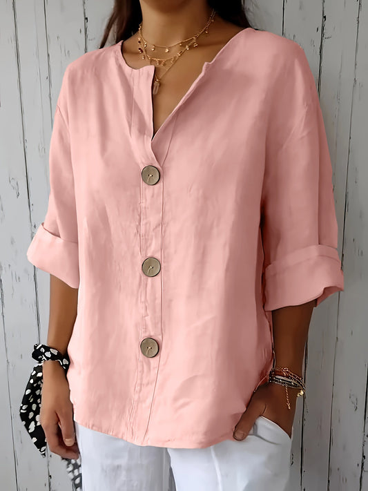 Damebluse med knappestolpe og 3/4-ermer – Avslappet fritidsbluse for hverdag og kontor