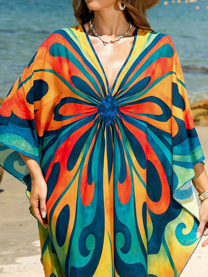Dame Boho Maxi-kaftan til strand og ferie – Elegant batikprint, sommer cover-up