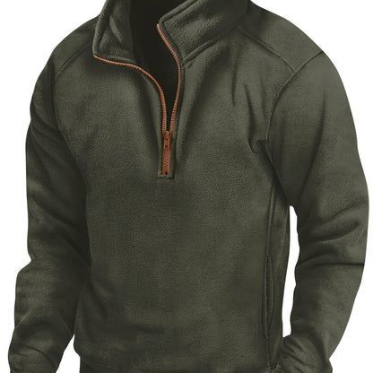Fleece-pullover til mænd med ståkrave, halv lynlås, lange ærmer og lomme