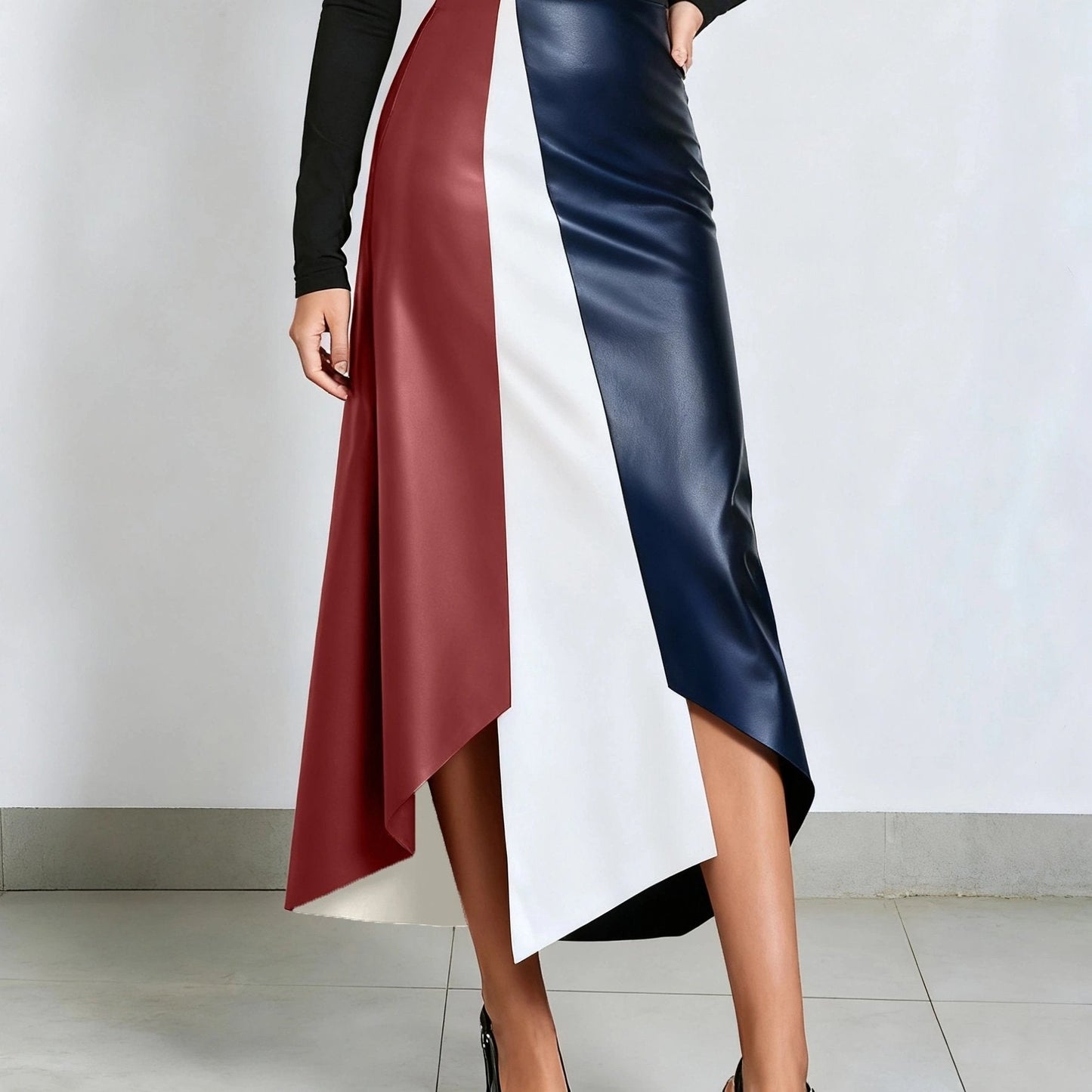 Gonna da donna color block con orlo asimmetrico in materiale similpelle