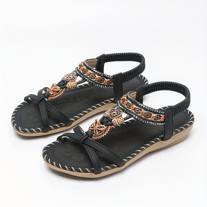 Sandalias bohemias para mujer con decoración étnica de perlas y plantilla cómoda – Tendencia de verano y ocio