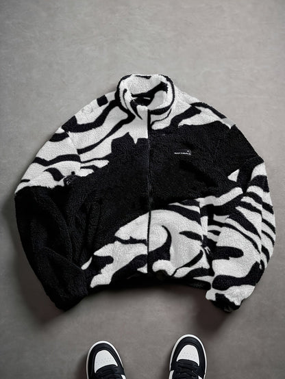 Chaqueta unisex de forro polar de peluche con estampado de cebra y cuello alto