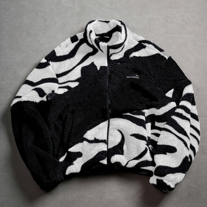 Chaqueta unisex de forro polar de peluche con estampado de cebra y cuello alto