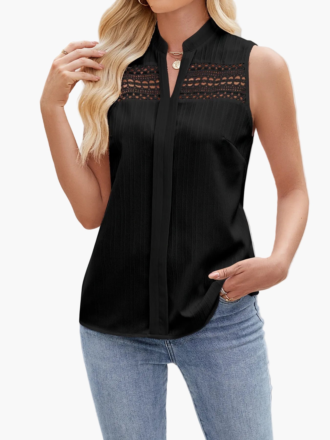 Damski elegancki top z koronką i stójką – lato, czas wolny, biuro