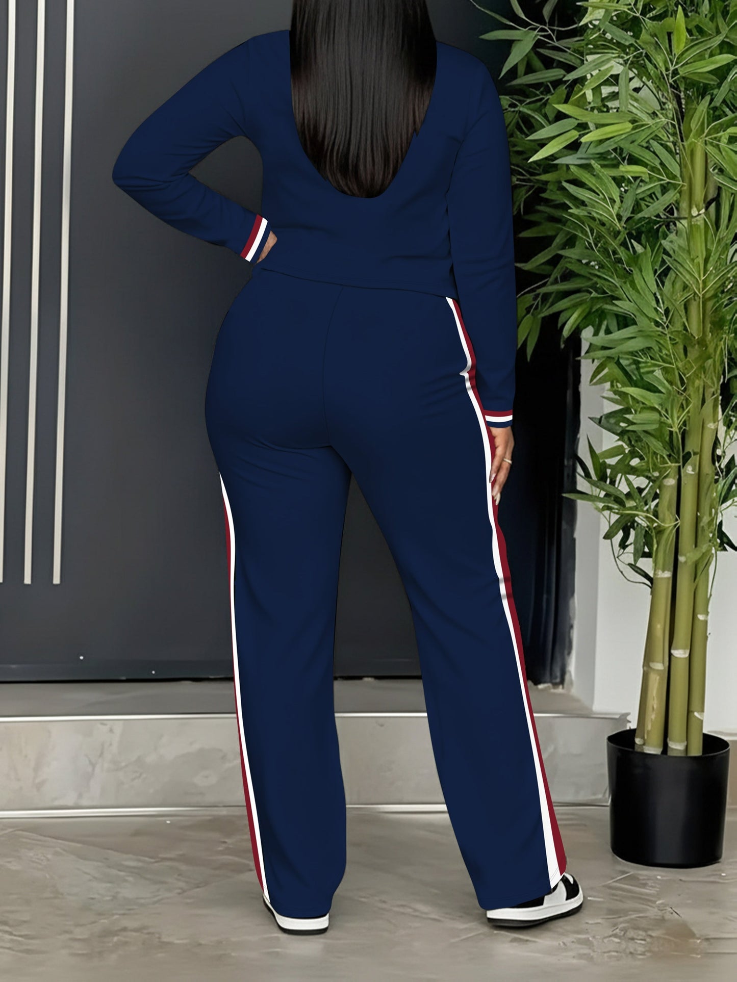 Damen Sportanzug Set Marineblau mit Streifen Langarm Oberteil und Hose