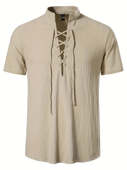 Camiseta de manga corta para hombre con cordones y cuello mao – Estilo retro de verano