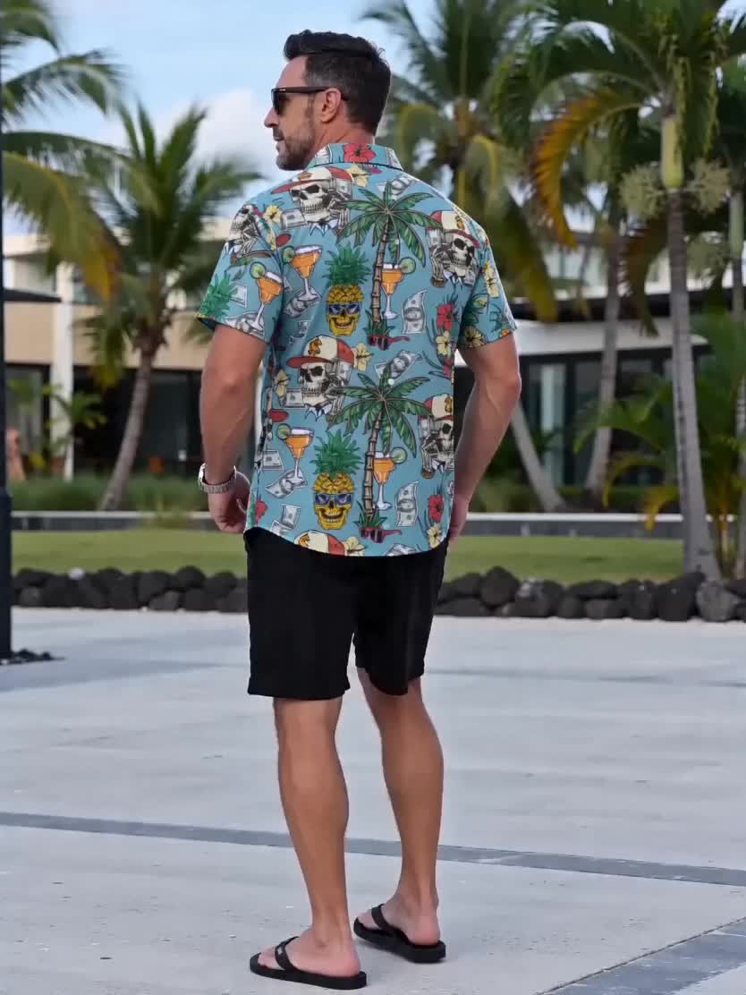 Herren Hawaiihemd mit Totenkopf, Palmen & Geld Print – Extravaganter Sommer- und Party-Look