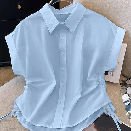 Damen Kurzarm Hemdbluse mit Kordelzug und modernem Schnitt – Business & Freizeit