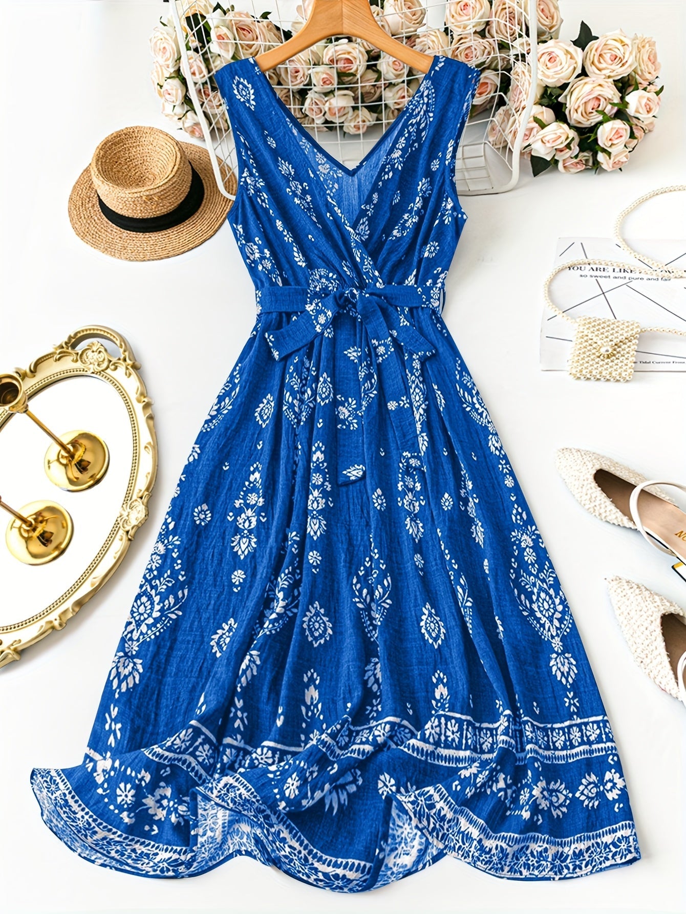 Damska sukienka maxi boho w kwiaty z paskiem w talii – elegancka letnia stylizacja na co dzień i na wakacje