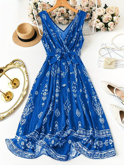 Damska sukienka maxi boho w kwiaty z paskiem w talii – elegancka letnia stylizacja na co dzień i na wakacje