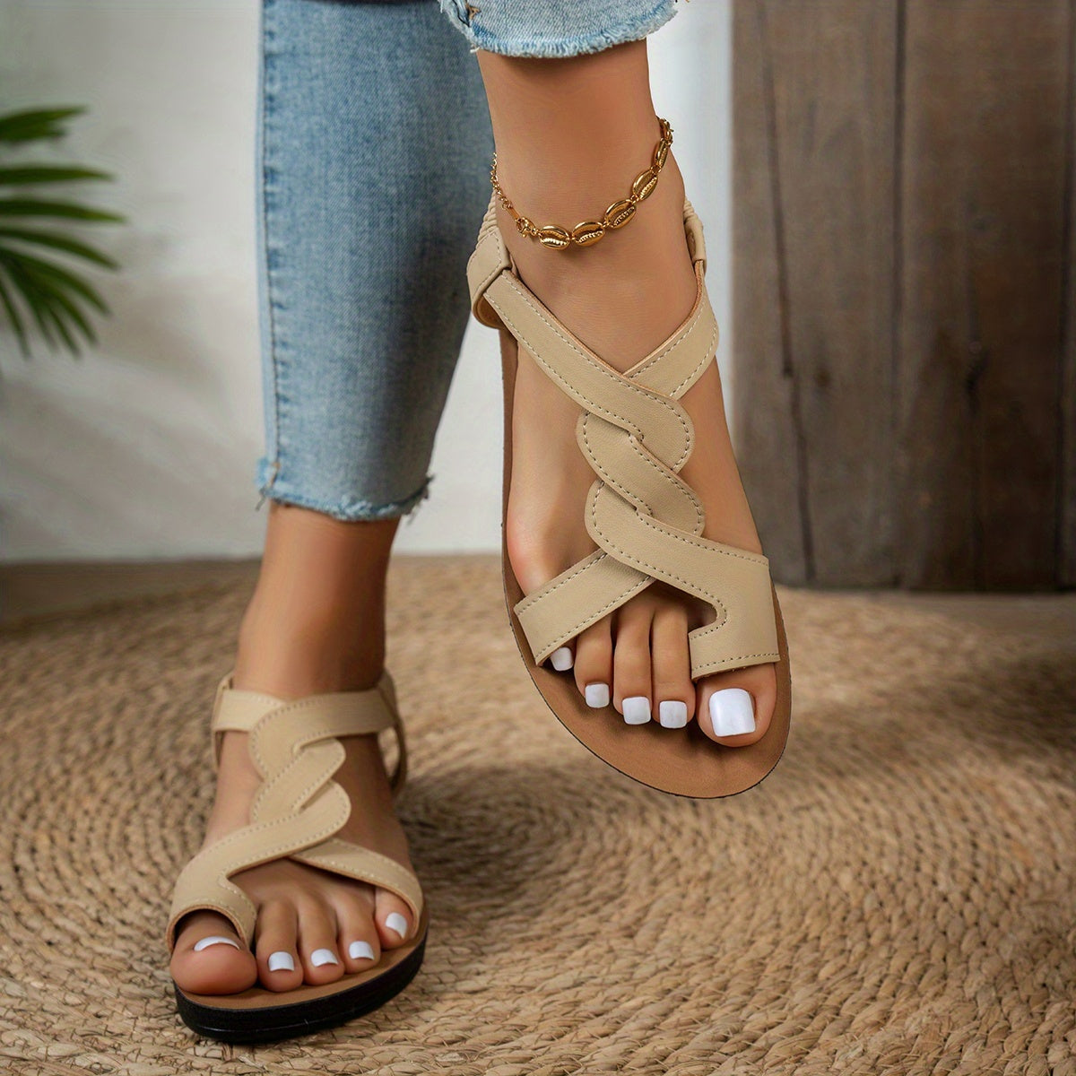 Sandalias de verano para mujer con tiras onduladas y decoración de estrellas – Sandalias planas para vacaciones, ocio y playa