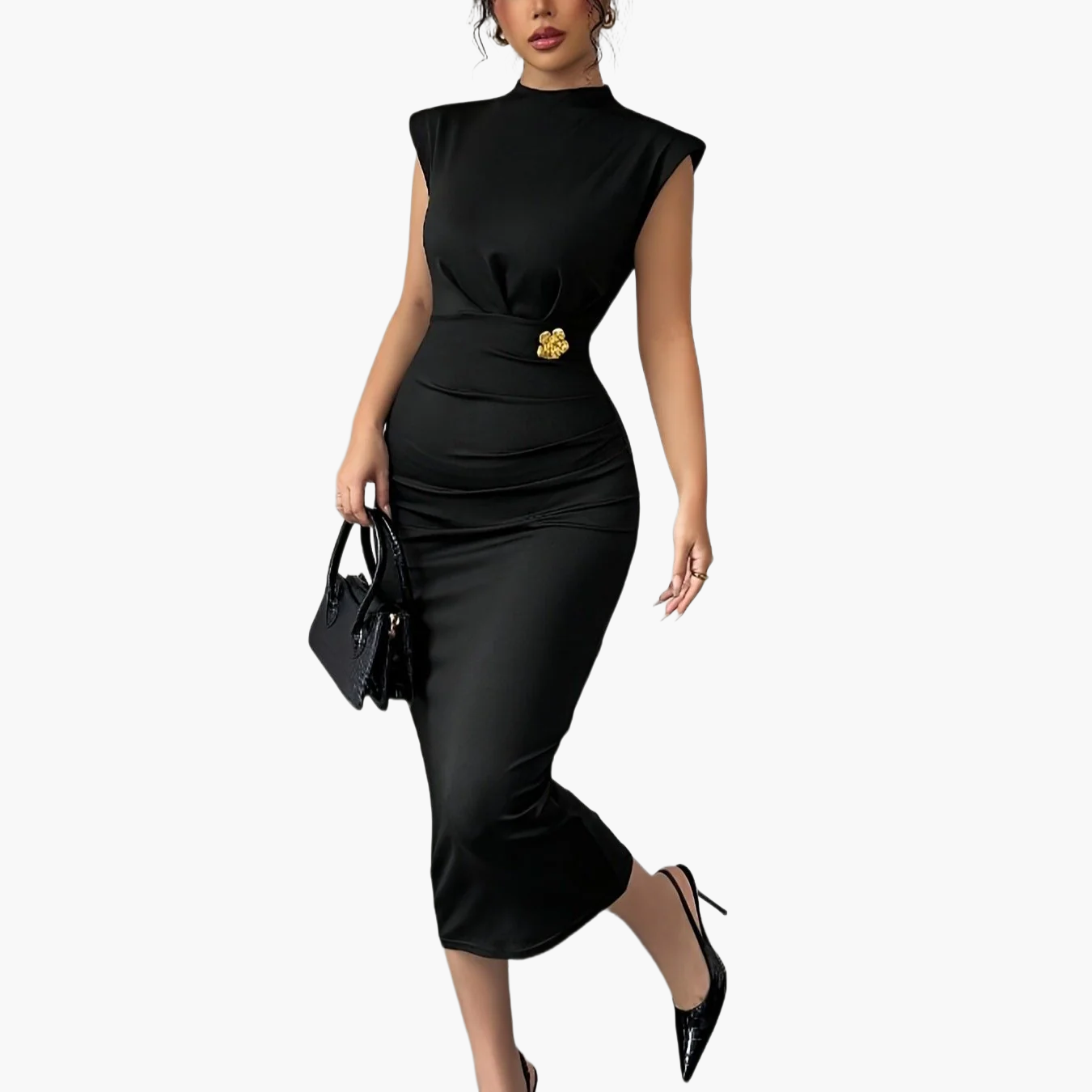 Abito midi aderente elegante da donna con spalle accentuate e dettaglio in vita – Perfetto per occasioni speciali