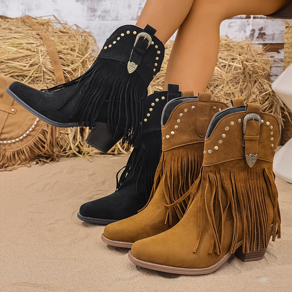 Calla | Westernlaarzen voor dames met wijde schacht, franjes en studs