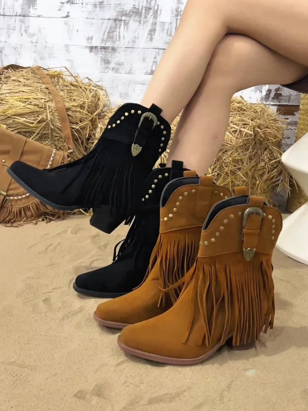 Calla | Westernlaarzen voor dames met wijde schacht, franjes en studs