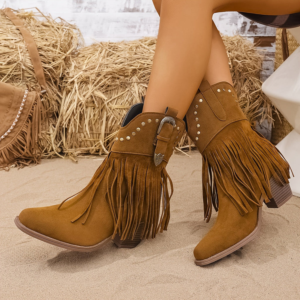 Calla | Westernlaarzen voor dames met wijde schacht, franjes en studs