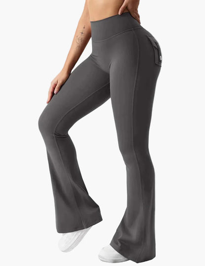 Damen Bootcut Fitness Leggings mit Cargo-Taschen – Trendige Sporthose mit Po-Formung für Training und Alltag