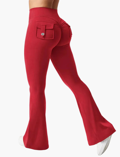 Damen Bootcut Fitness Leggings mit Cargo-Taschen – Trendige Sporthose mit Po-Formung für Training und Alltag