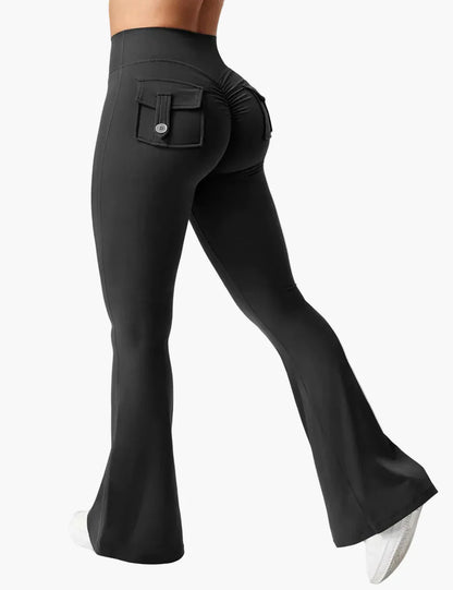 Damen Bootcut Fitness Leggings mit Cargo-Taschen – Trendige Sporthose mit Po-Formung für Training und Alltag