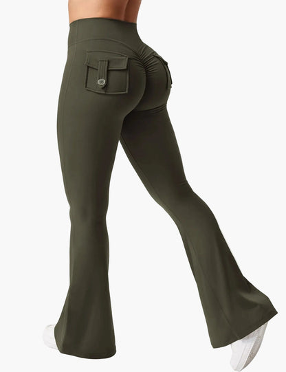Damen Bootcut Fitness Leggings mit Cargo-Taschen – Trendige Sporthose mit Po-Formung für Training und Alltag