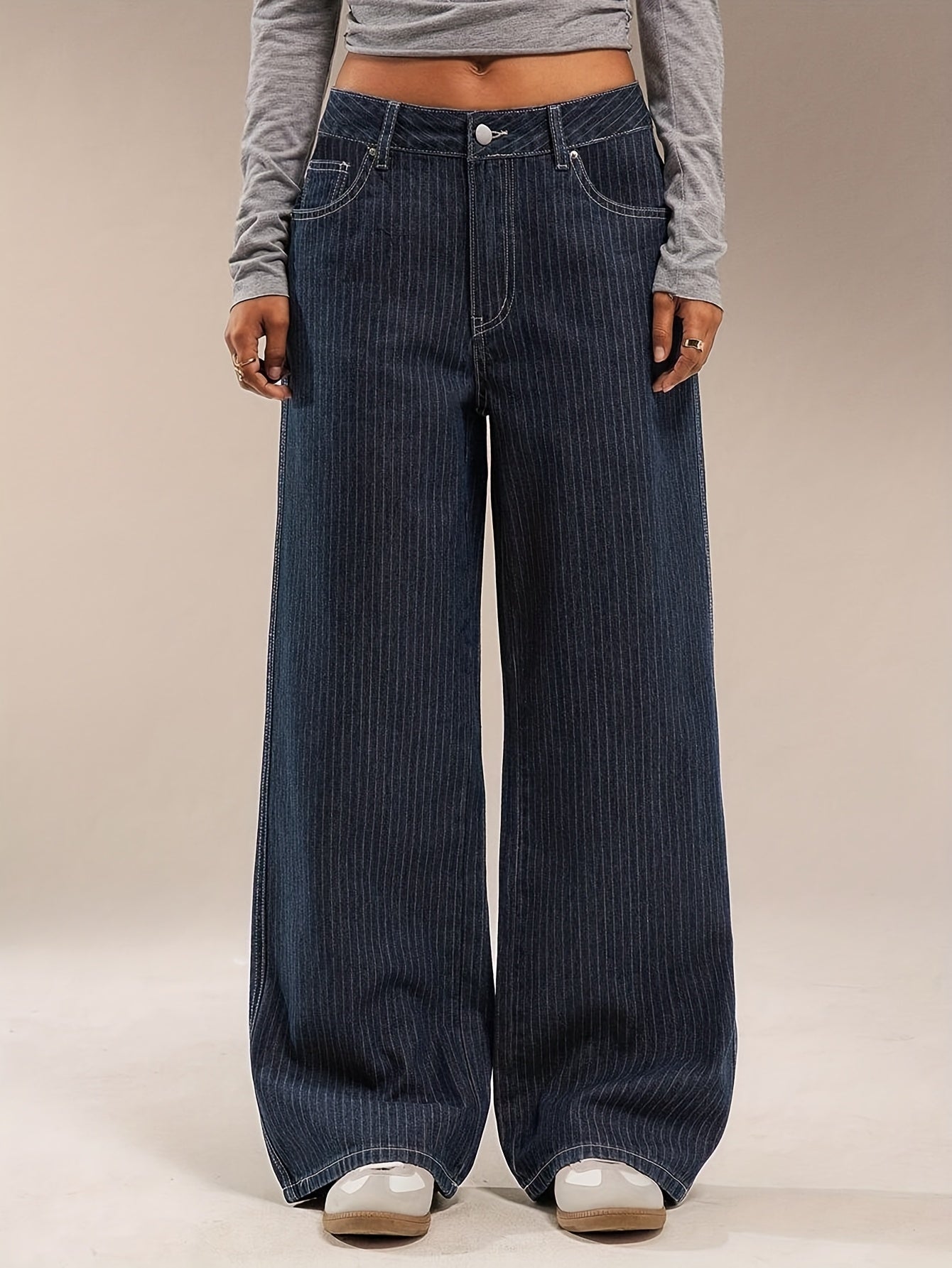 Jeans donna a gamba larga, gessato blu scuro