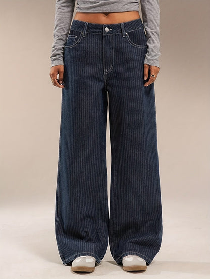 Jeans donna a gamba larga, gessato blu scuro