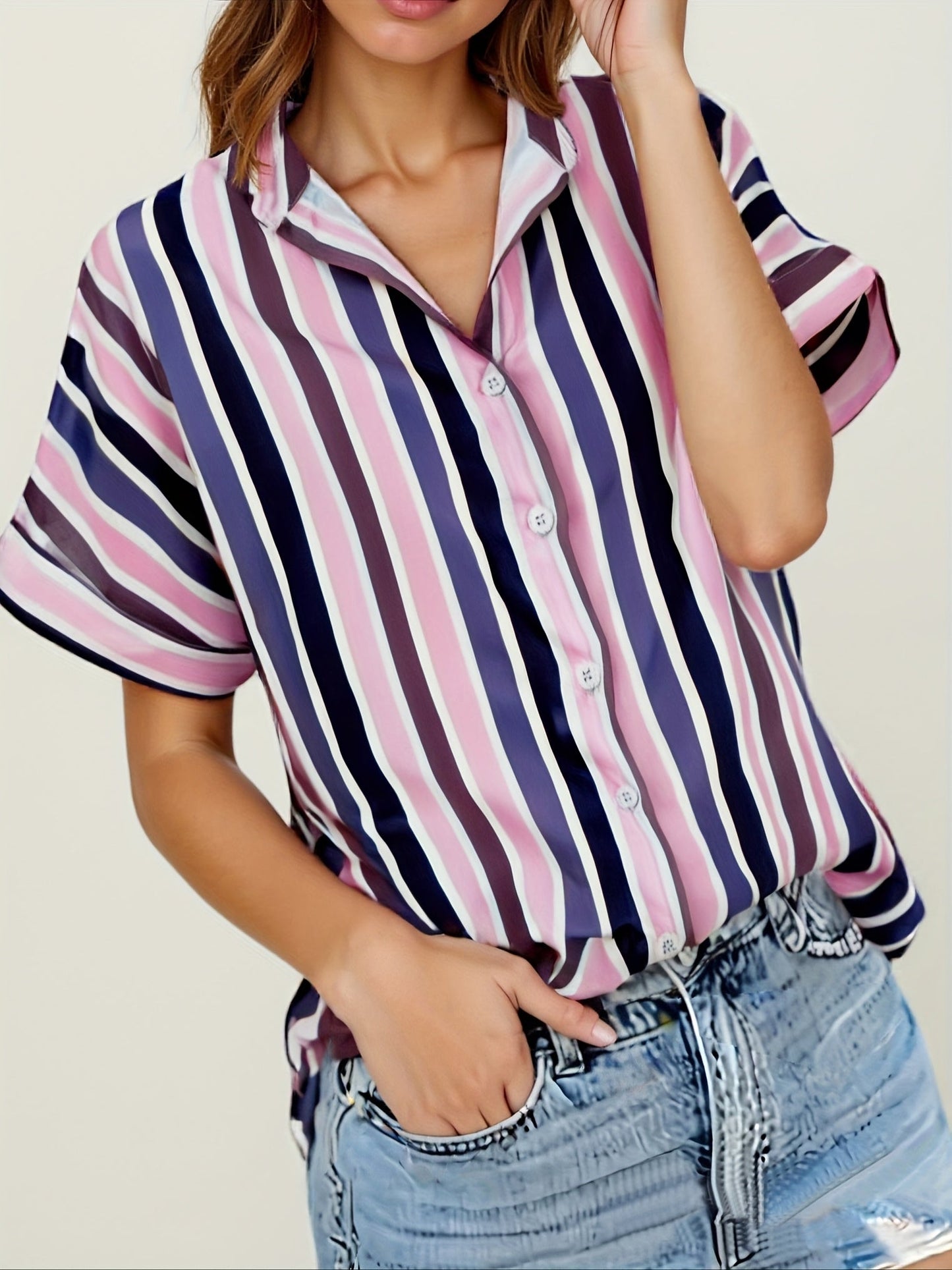 Dame afslappet stribet oversize bluse til sommer – elegant fritidsstil