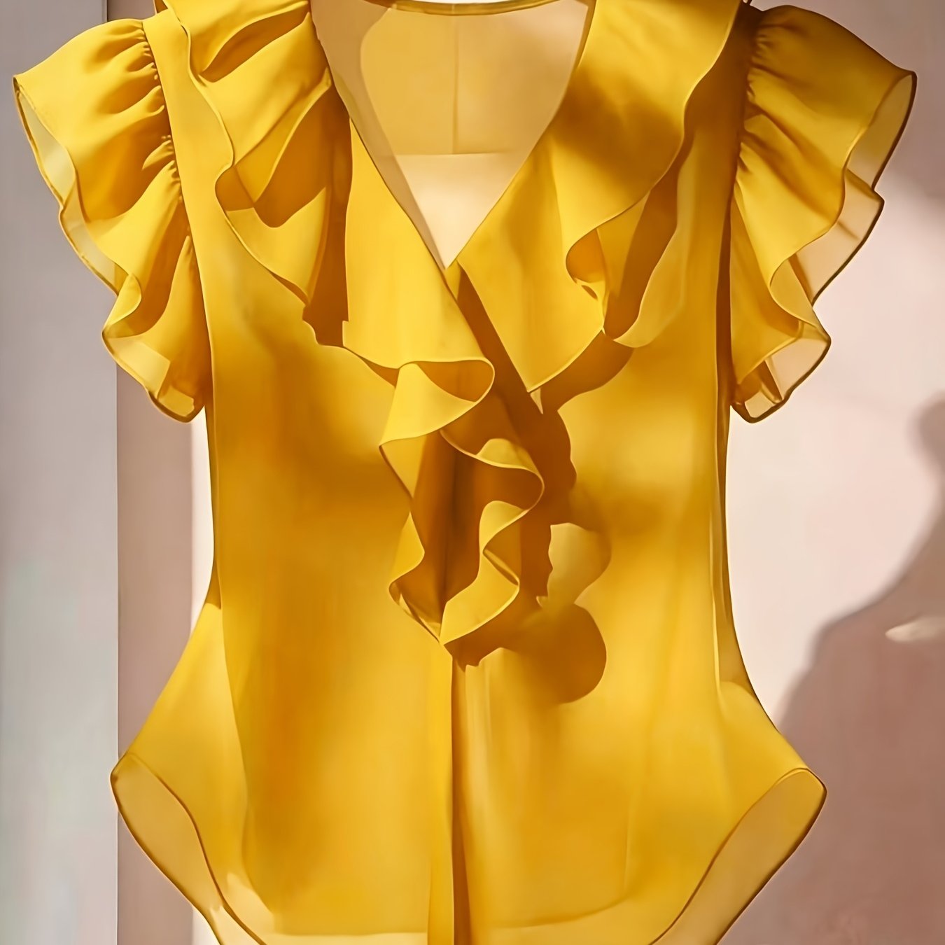 Damevolantbluse med V-hals og volanger – Elegant chiffongbluse for kontor og kveld