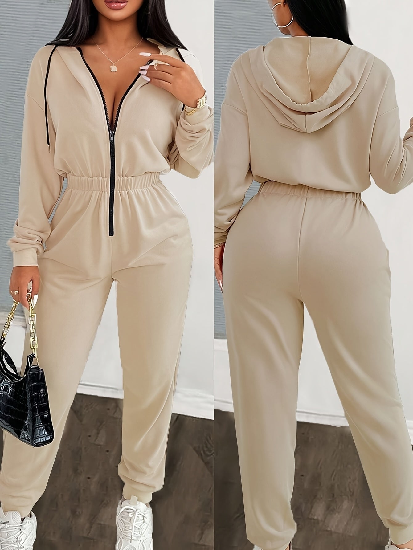 Damen Hoodie Overall mit Reißverschluss – Bequemer Jumpsuit mit Kapuze