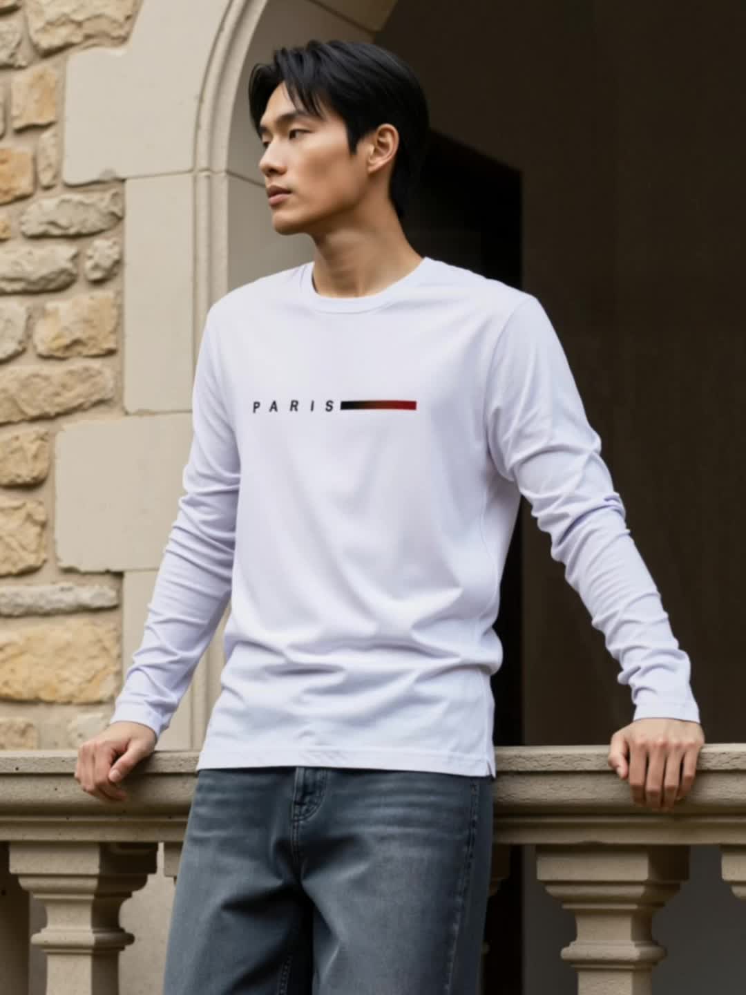 Herren Langarmshirt 3er-Set mit Rundhalsausschnitt und „Paris“-Druck